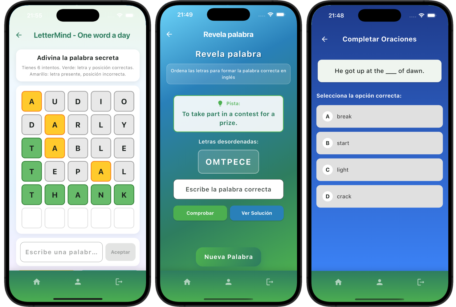 Interfaz de la aplicación mostrando juegos de aprendizaje
