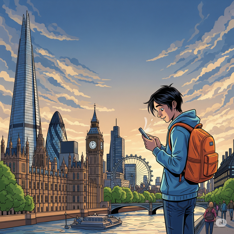 Ilustración de un estudiante en Londres